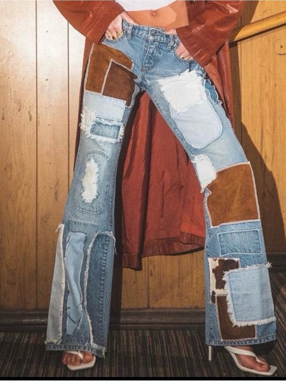 REVICE Light Blue Patchwork Wide-Leg Jeans with Brown & Blue Accents